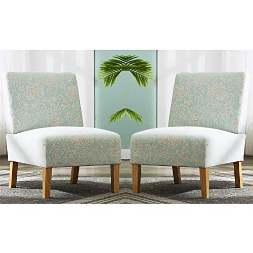 Accent Chair Armless with Blue Flower Fabric for Bedroom Reading Living Room, Modern Slipper Sofa Chair, Mid Century Throne Chair for Wedding, Vanity Chair for Makeup - Set of 2 (Blue Flower)