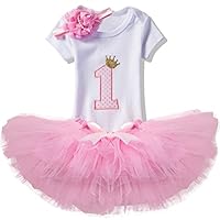 NNJXD Girl Newborn Crown Tutu 1st Birthday 3 Pcs Outfits Romper+Dress+ Headband Size (1) 1 Year Pink