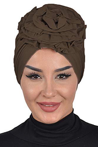 Instant Turban Cotton Scarf Head Wrap Cancer Chemo Headwear Rose Detail Brown