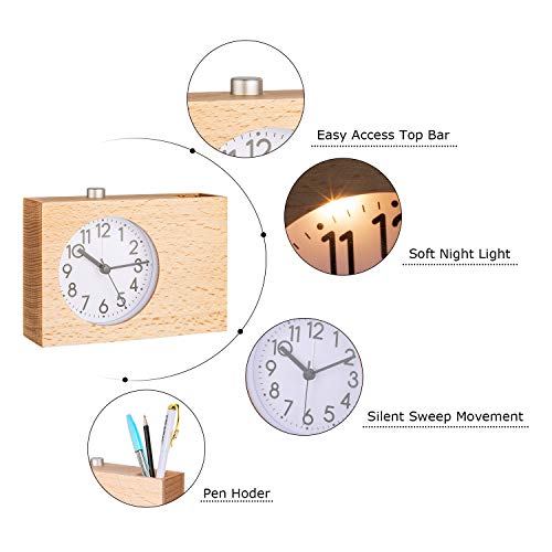 SkyNature Kids Alarm Clock, Pen Holder Clock with Snooze & Night Light, Silent Non-Ticking Battery Operated Wooden Desk Clock for Girls Boys Students - Burlywood, 6 Inch