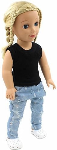 18" American Girl Clothes Black Tank Top Vest T Shirt Blue Ripped Jeans Cotton Costume Outfit 2 Pcs Set(doll or Shoes Are Not Included)