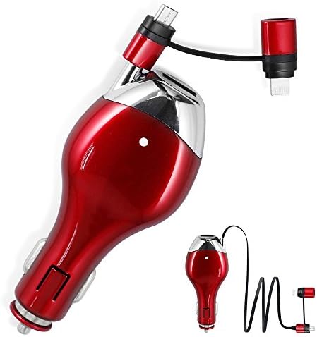 Lauco High Speed Charge 2-In-1 Retractable Car Charger, 5V Dual Port Charging Connector Micro USB Cable, 90CM Lightning Vehicle Charger Compatible to IOS or Android Devices - Red