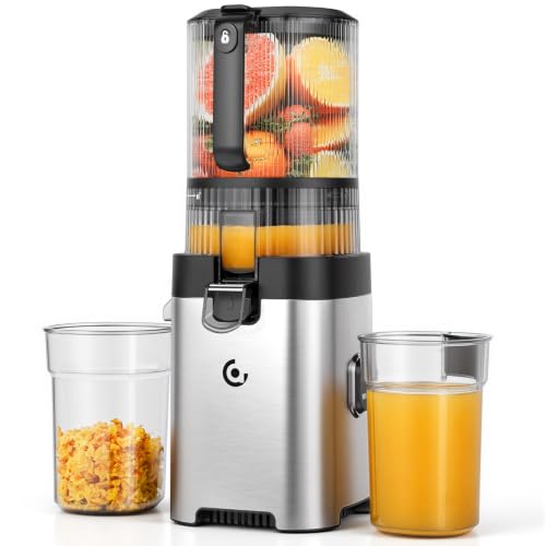 AMZCHEF Juice Extractor, Slow Juicer with XL Opening of 158MM, Capacity of 2.5L, Cold Pressed Blender for Whole Fruits and Vegetables, Stainless Body, Easy Assembly and Cleaning, Silver/Black | Capacidad de 2,5L, Licuadora Prensado en Frío para Frutas y Verduras Enteras, Cuerpo Inoxidable, Fácil Montaje y Limpieza