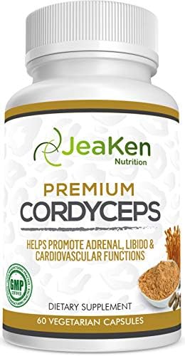 Premium Organic CORDYCEPS by JeaKen - 60 x 500mg Cordyceps Militaris - Cordyceps Sinensis Mushroom Powder - Improves Energy, Immunity, Cardiovascular Health - Made to GMP Code