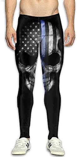 NJTYJA Men's Compression Pants Blue Line Police Skull 3D Print Baselayer Cool Dry Sports Thermal Tights Leggings Running Fitness