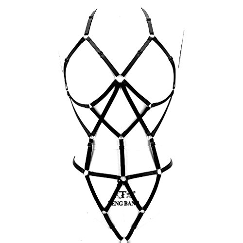 Women Sexy Full Cage Body Harness Lingerie Belt Set Strap Hollow Top Bra Goth Fetish Wear (Black N0095)