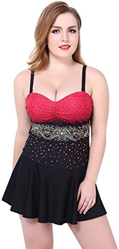 Women’s Plus Size Retro-Print Slimming Control Swim Dress – Classic, Sexy, and Fun (3XL, Wine Red)