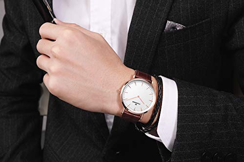 Tonnier Stainless Steel Slim Men Watch Quartz Watch Black Face (Brown Leather with Rose Gold Case)
