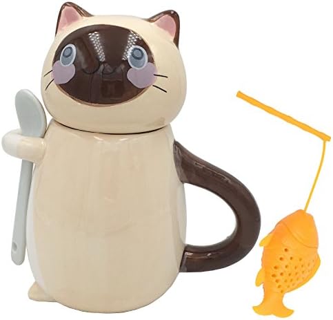 Dyshuai Handmade Ceramic Cute Kitty Mug Cat Coffee Mug Cat Mug with Stirrer Fish Tea Strainer Tea Infuser Inside 9.5 Oz (Brown)