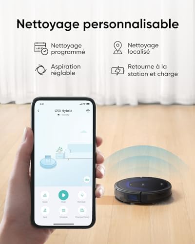 G50 Hybrid Aspirateur Robot, Aspiration 4 000 Pa, Dynamic Navigation, Pro-Detangle Comb, Roller Brush, Patin de Nettoyage pour Laver la Surface des sols, pour Poils d'animaux, sols durs, Tapis