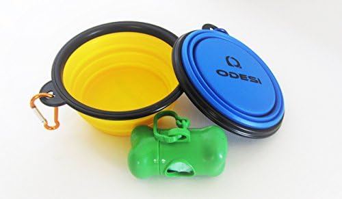 ODESI Collapsible Silicone Pet Dog Bowl For Food Water Travel Home | Free Pet Waste Bags. 2-pack Blue and Yellow | Carabiner Included