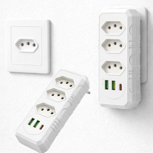 Extensão Elétrica/Benjamin com 3 Tomadas, 2 USB + USB-C – Régua de Energia e Adaptador de Tomada Premium