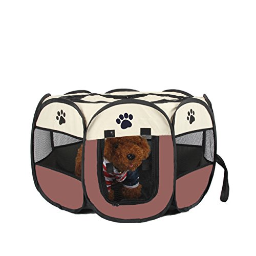 UNFADE MEMORY Portable Foldable Pet Playpen, Indoor/Outdoor, Dog/Cat/Puppy Exercise Pen Kennel, Removable Mesh Shade Cover, Dog pop up Silhouettes pet Pen - Brown, M