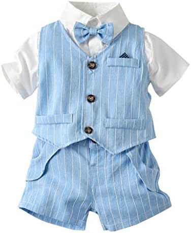 Yuelie Baby Boys Gentleman Bow Tie T-Shirt Plaid Striped Waistcoat+Shorts Outfit Set Boys 1st Birthday Party Cake Smash Photo Shoot Bodysuit