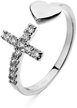 Etrys Cross and Heart 18K Platinum Plated Open Free Size Romantic Ring New