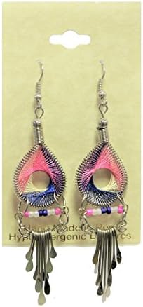Peruvian Earrings - Dream Catchers Tear Drop Dangle Large Hand Crafted 2 1/2" x 3/4" (PinkWhiteBlue)