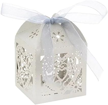 Adeeing 50 PCS Love Heart Laser Cut Favor Candy Box with Ribbons Bridal Shower Wedding Party Favors Sliver