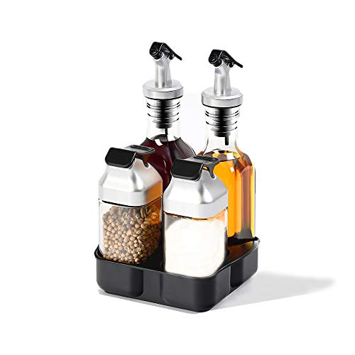 Oil and Vinegar Salt and Pepper Dispenser Set for Home and Kitchen, NonDrip Spouts with Study