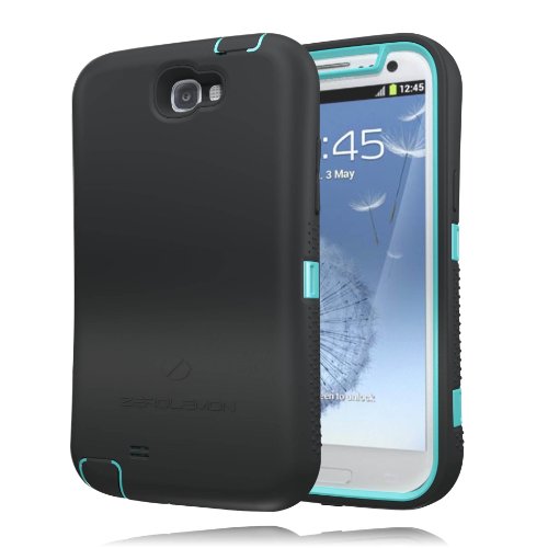 [180 Days Warranty][Case WITHOUT Battery] Zerolemon Teal Mint / Midnight Black Zero Shock Series for Samsung Galaxy Note 2 N7100 - Covers All Battery Sizes - Worlds Only Universal Form Fitting Case. Rugged Hybrid Case Includes Belt Clip and Kickstand **USA Patent Pending**