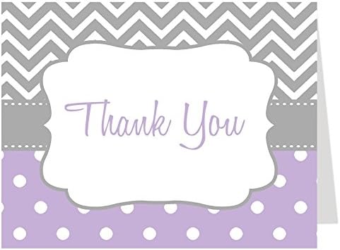 Thank You Cards Purple Folding Thank You Notes Thanks Chevron Stripes Polka Dots Striped Dotted Polkadots Purple Grey Gray Lavender Birthday Appreciation Bridal Girls It's A Girl (50 count)