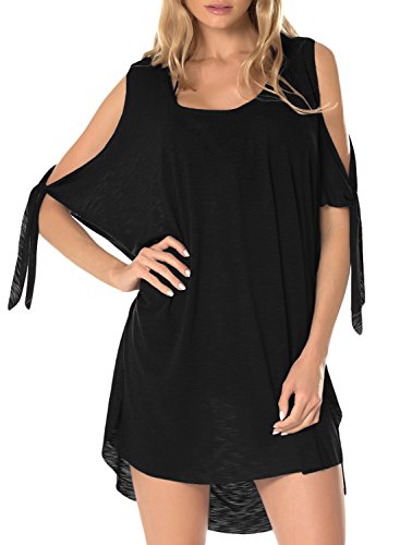 HOTAPEI Women Summer Casual Round Neck Beachwear Short Mini Cold Shoulder Swim Tunic Beach Dress Swimsuit Bikini Stylish Bathing Suit Beach Cover UPS For Swimwear Women US 12-14