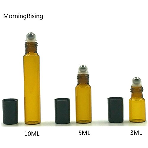MorningRising 30pcs 10ml Amber Roll on Glass Bottles for Essential Oil Steel Metal Roller Ball Empty Aromatherapy Perfume Bottles Portable For Travel