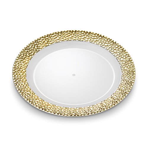 Laura Stein Designer Tableware Premium Heavyweight 10'' Inch White Plate And Hammered Gold Border Plastic Party & Wedding Dinner Plates Glitz Series Disposable Dishes Pack of 40 Plates