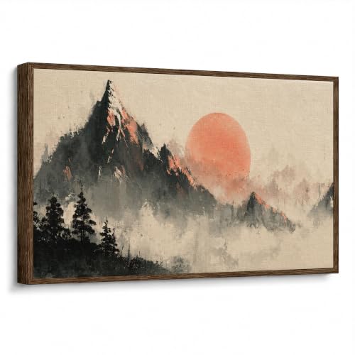 Artefizio Quadro Orientale, Montagne e Sole Su Tela per Soggiorno | Stampa Giapponese Su Tela con Montagne e Sole Rosso, Quadro Orientale per Soggiorno, Camera e Parete Zen