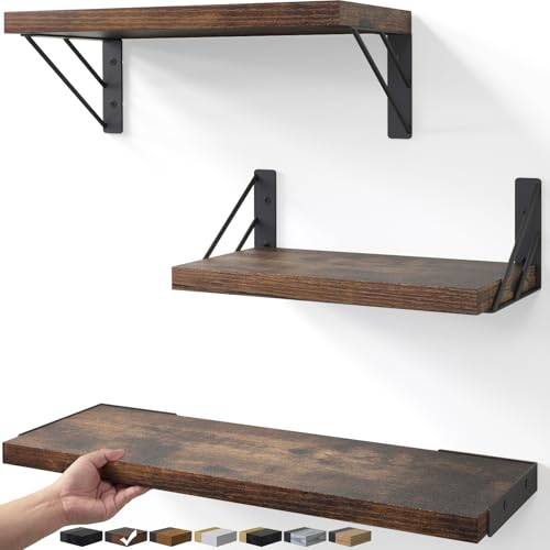 BAYKA Wall Mounted Floating Shelves (Rustic Brown, Set of 3, 16" Mixed)