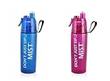 O2Cool Mist 'N Sip 20 oz 2 (Two) Pack . Hydration Classic Drinking Misting Facial Humidifier Sippy Bottle Mega Family Combo Blue And Hot Pink Hot Flash BPA Free Squeeze Trigger Cup
