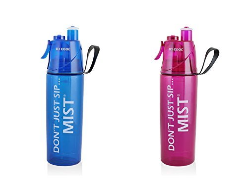O2Cool Mist 'N Sip 20 oz 2 (Two) Pack . Hydration Classic Drinking Misting Facial Humidifier Sippy Bottle Mega Family Combo Blue And Hot Pink Hot Flash BPA Free Squeeze Trigger Cup