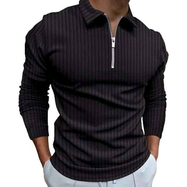 Men's Ribbed Knit Polo Shirts Slim Fit Long Sleeve Lapel Casual