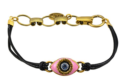 Michal Golan Gold Plated Small Pink Evil Eye Bracelet on Black Leather Cord