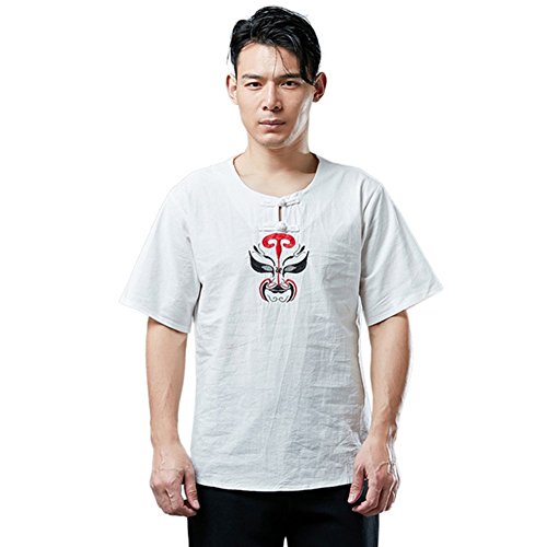 LZJN Men's Chinese Opera Mask Embroidery Short Sleeve Henley Shirt (L)
