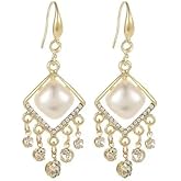 DIAMANTIO 18K Gold Plated Elegant Gold-Tone Dangle Earrings with Faux Pearl Center and Cubic Zirconia – Statement Vintage Chandelier Style for Women