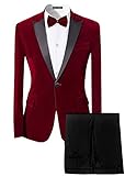 MAGE MALE Men's 2 Piece Suit Peaked Lapel One Button Tuxedo Slim Fit Velvet Blazer Party Dinner Jacket & Pants Red