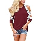 StyleDome Women's Off Shoulder Blouse Shirts Crechet Lace Long Sleeve Casual Round Neck Tee Tops Wine Red M