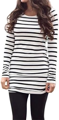 HHLJ Women's Fashion Sexy Casual Rayon Striped O Neck Long Sleeve Bottom T Shirt Blouse Tops White/Black (XXL, White)