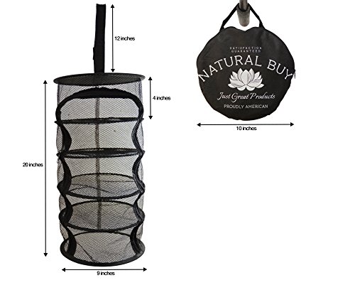 9 Inch 5 Level MICRO Hanging Dry Net Indoor/Closet Drying Rack for Herbs, Organizer, Freshner - Black Mash Screen with Top-to-Bottom Zipper - Apartment Size with Zipped Storage Pouch