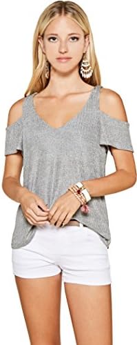 Trend Director Women's V Neck Cold Shoulder Metallic Ribbed Fitted Top in Blue, Rust &amp; Gray (Medium, Gray)