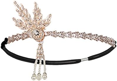 LATIMOON 1920's Flapper Great Gatsby headband Metallic Crystal Pearl Tassel Headdress Art Deco (Rose Gold)