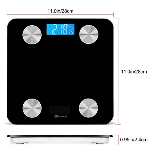 Bluetooth Smart Body Scale with IOS and Android App Wireless Digital Bathroom Scale for Body weight, Body Fat, Water, Muscle Mass, BMI, Calorie, Bone Mass and Visceral Fat, Black color, Temptuare