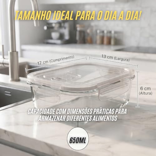 Kit 5 Potes Herméticos de Vidro Resistente de 650ml com Travas de Segurança e Tampa com Válvula | Próprio para Freezer, Microondas e Forno - Kit 5 Unidades
