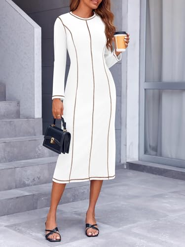 WENRINE WOMENS LONG SLEEVE MAXI DRESS CONTRAST STITCH RIBBED FUZZY CREWNECK SLIM CASUAL FALL DRESSES WHITE