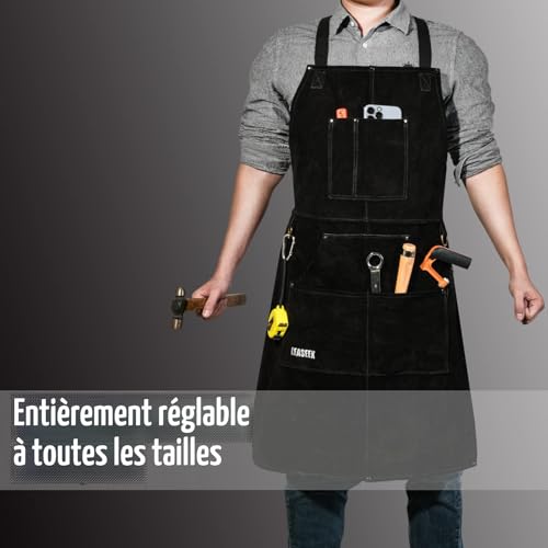 LeaSeek Welding Apron, Cowhide Leather Work Apron with 6 Pockets, Heat Resistant and Fireproof, Adjustable Straps from M to XXXL for Men and Women, Black