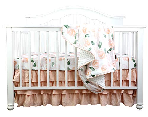 Boho Coral Falda con volantes florales Manta de visón para bebé Melocotón Floral Juego de falda de cuna para guardería Ropa de cama para cuna de niña bebé Manta de plumas