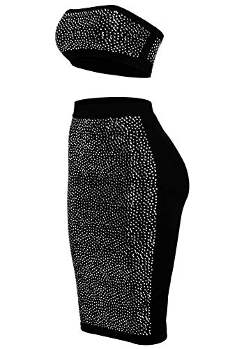 Women Sequin Dress Suit - Sexy Strapless Tube Crop Top Midi Skirt Set Two Piece Party Club Outfit Black S