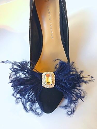 Detachable Navy Blue Ostrich Feather Bow and Rhinestone Brooch Shoe Clips Set of Two