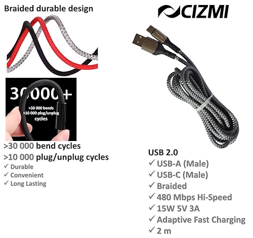 ✦ CIZMI USB-A To USB-C Home & Car Cable, Long 2 m | 15W 5V 3A Fast Charger | USB 2.0 480Mbps | Compatible with iPhone 17/16/15, Samsung Galaxy, Laptops, Cars, Chargers, PC & More| Grey, 2m, Braided
