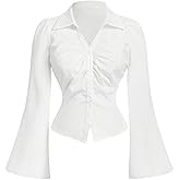 SweatyRocks Women's Button Down Shirt Crop Top for Plus Size Women Bell Sleeve Ruched V Neck Work Blouse